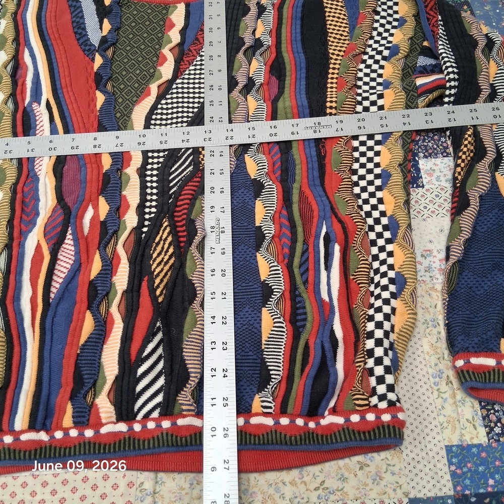 Vintage 90s Tosani 3D Knit Sweater Coogi Style Multi Color Textured Large Cotton - Picture 7 of 9